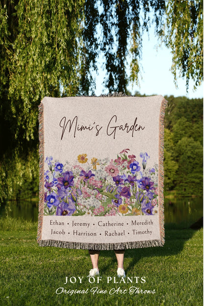 Mama's Garden Custom Throw | Personalized Family Name Tapestry Grandchildren's Names Grandmas Garden Thoughtful Gift for the Home Floral |