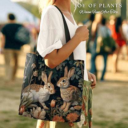 Forest Bunnies Woven Tote | Nature Inspired Satchel Forestcore Maximalist Tapestry Tote Cottagecore Rabbit Aesthetic Fairycore Bag