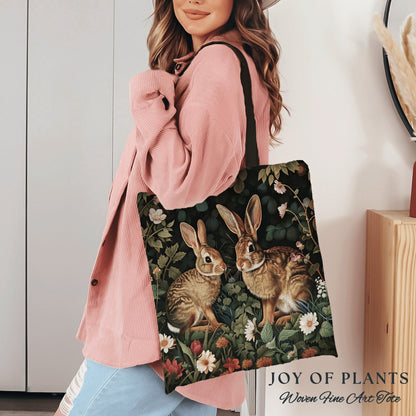 Cottontail Bunnies Spring Tote | Botanical Inspired Satchel Forestcore Maximalist Tapestry Tote Cottagecore Rabbit Aesthetic Fairycore Bag