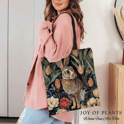 Spring Bunny Tote Bag | Botanical Morris Inspired Satchel Forestcore Boho Maximalist Tapestry Tote Cottagecore Rabbit Aesthetic Fairycore