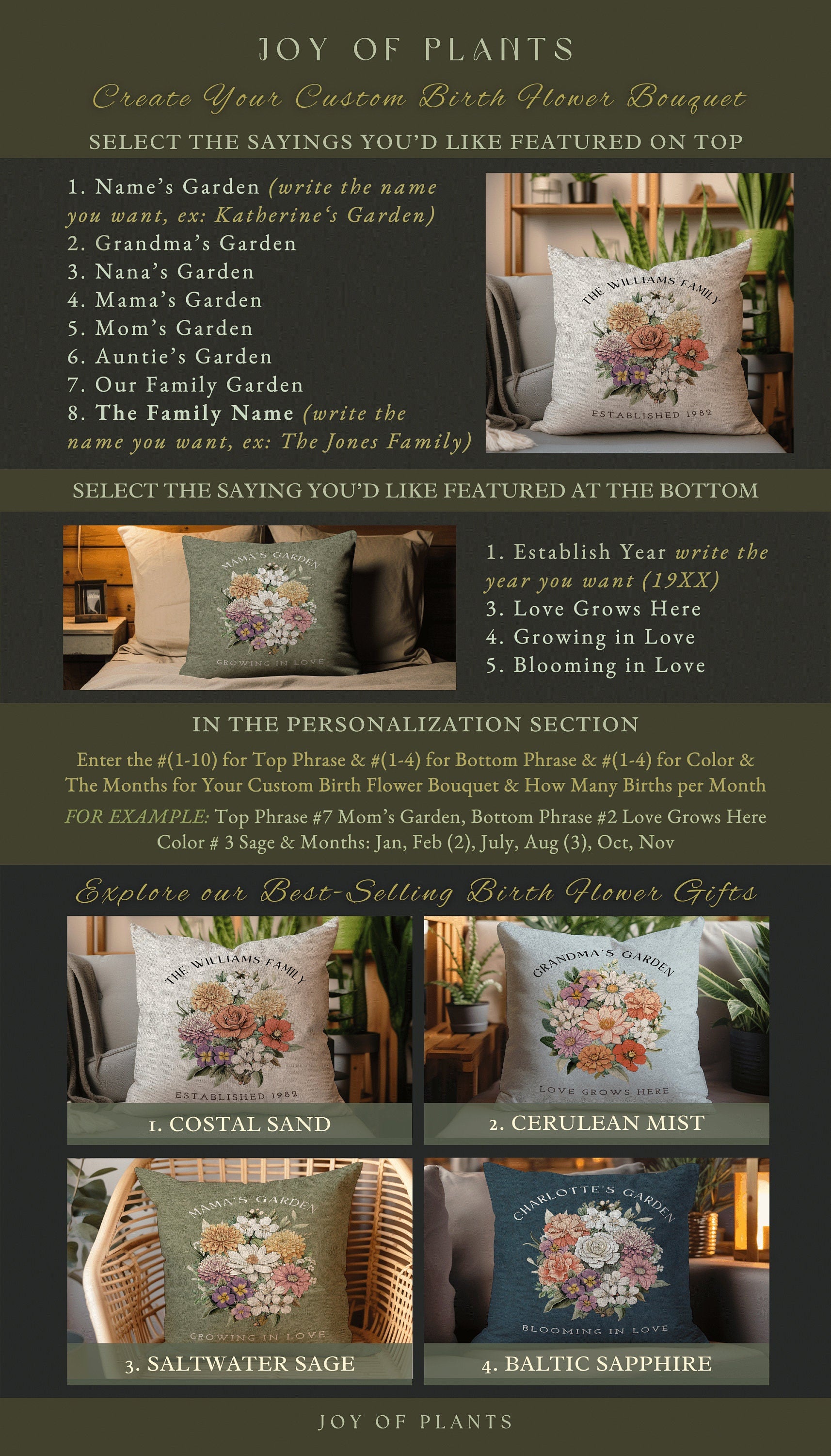 Mom's Garden Birth Flower Pillow | Custom Birth Month Flower Bouquet for Mom and Grandma Garden Birthflower Pillow Personalized Bouquet Gift