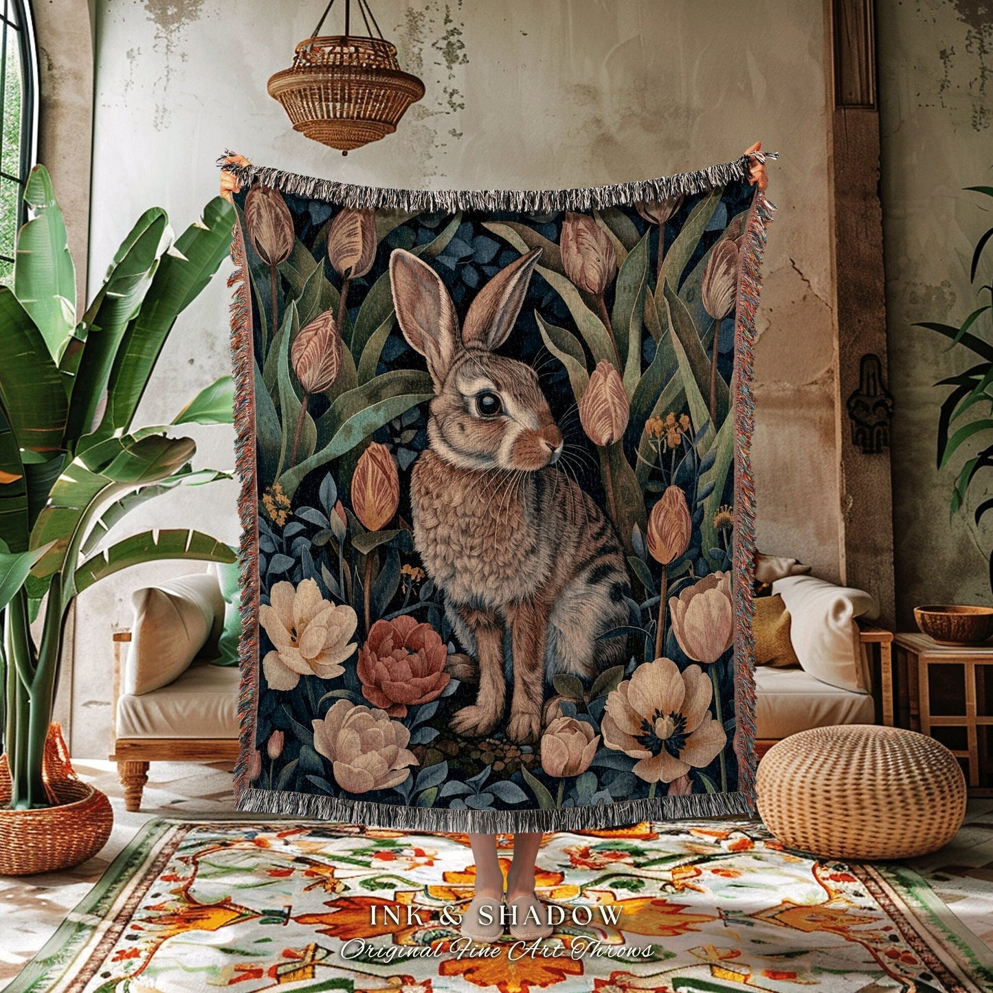 Bunny in the Tulips Woven Throw | Cottagecore Cozy Blanket Boho Room Decor Woodland Botanical Aesthetic Fairy Core Tapestry Wallhanging Gift