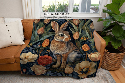 Bunny in the Tulips Woven Throw | Cottagecore Cozy Blanket Boho Room Decor Woodland Botanical Aesthetic Fairy Core Tapestry Wallhanging Gift