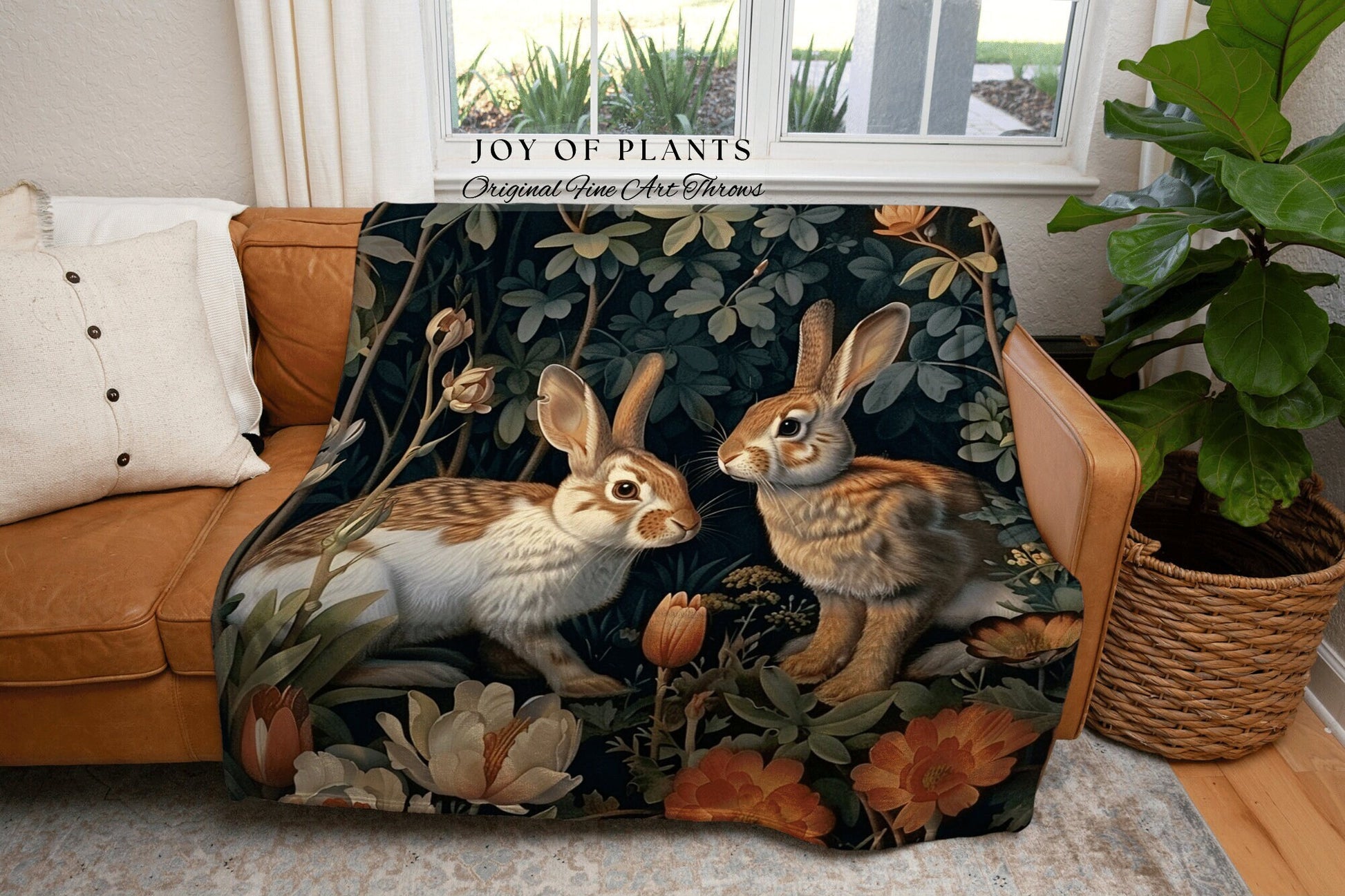 Dark Botanical Rabbit Blanket | Bunny Tapestry Boho Room Decor Woodland Aesthetic Dark Academia Throw Spring Wallhanging Woven Throw