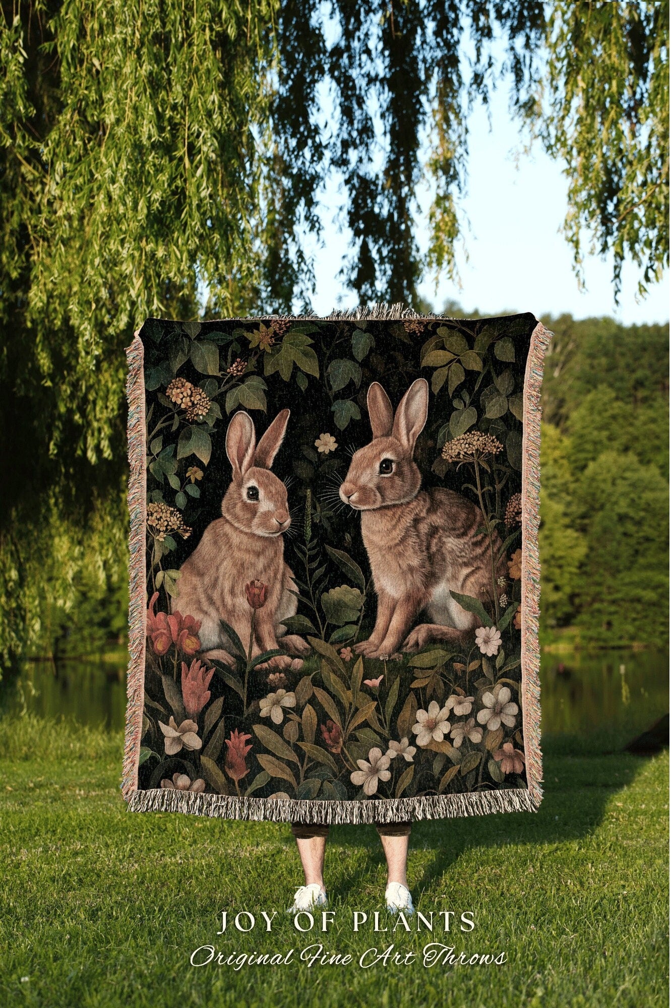 Maximalist Woodland Blanket Woven | Rabbit Tapestry Boho Room Decor Bunny Aesthetic Dark Academia Throw Spring Decoration Bunnies