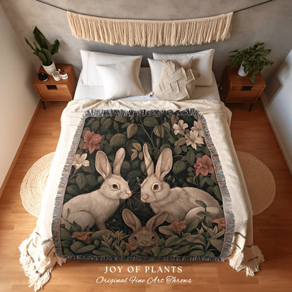 Folklore Bunnies Woven Blanket | Wildflower Tapestry Boho Room Decor Woodland Aesthetic Fairy Core Throw Woven Wallhanging Cottagecore |