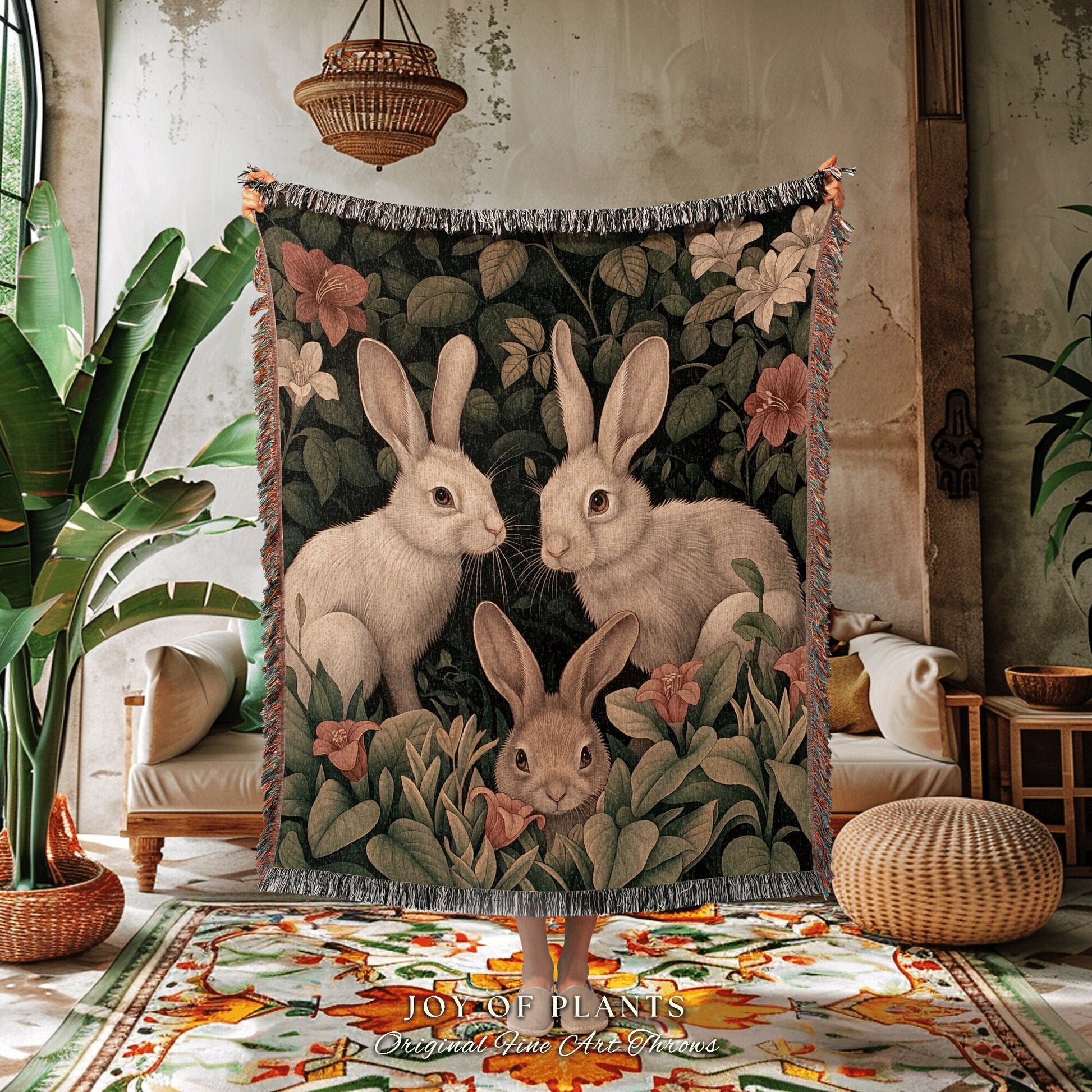 Folklore Bunnies Woven Blanket | Wildflower Tapestry Boho Room Decor Woodland Aesthetic Fairy Core Throw Woven Wallhanging Cottagecore |