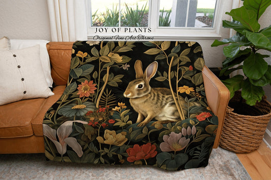 Cottagecore Cozy Spring Bunny Throw | Fairycore Woven Blanket Boho Room Decor Woodland Botanical Aesthetic Fairy Core Tapestry Wallhanging