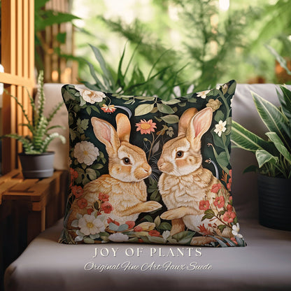 Cute Bunnies Throw Pillow | Fairy Core Woven Accent Pillow Cottagecore Rabbit Room Decor Bunny Cushion Forestcore Light Academia Botanical