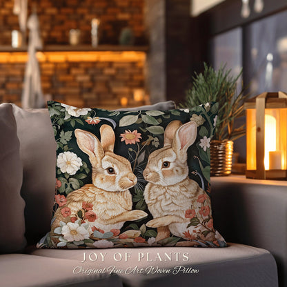 Cute Bunnies Throw Pillow | Fairy Core Woven Accent Pillow Cottagecore Rabbit Room Decor Bunny Cushion Forestcore Light Academia Botanical