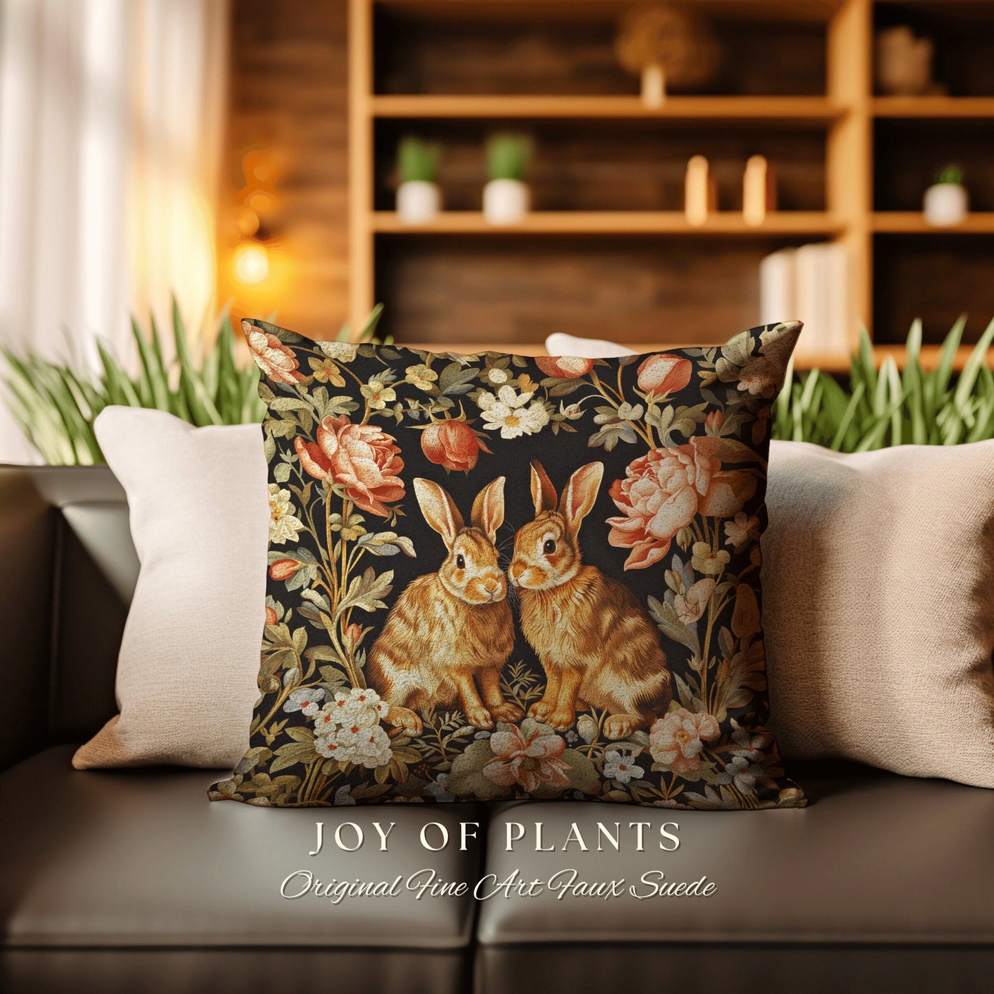 Victorian Floral Throw Pillow | Fairy Core Accent Pillow Cottagecore Aesthetic Rabbit Room Decor Bunny Cushion Forestcore Light Academia