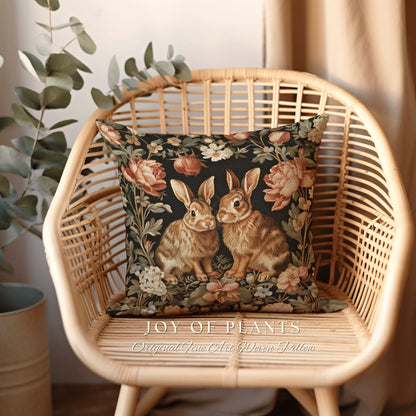 Victorian Floral Throw Pillow | Fairy Core Accent Pillow Cottagecore Aesthetic Rabbit Room Decor Bunny Cushion Forestcore Light Academia