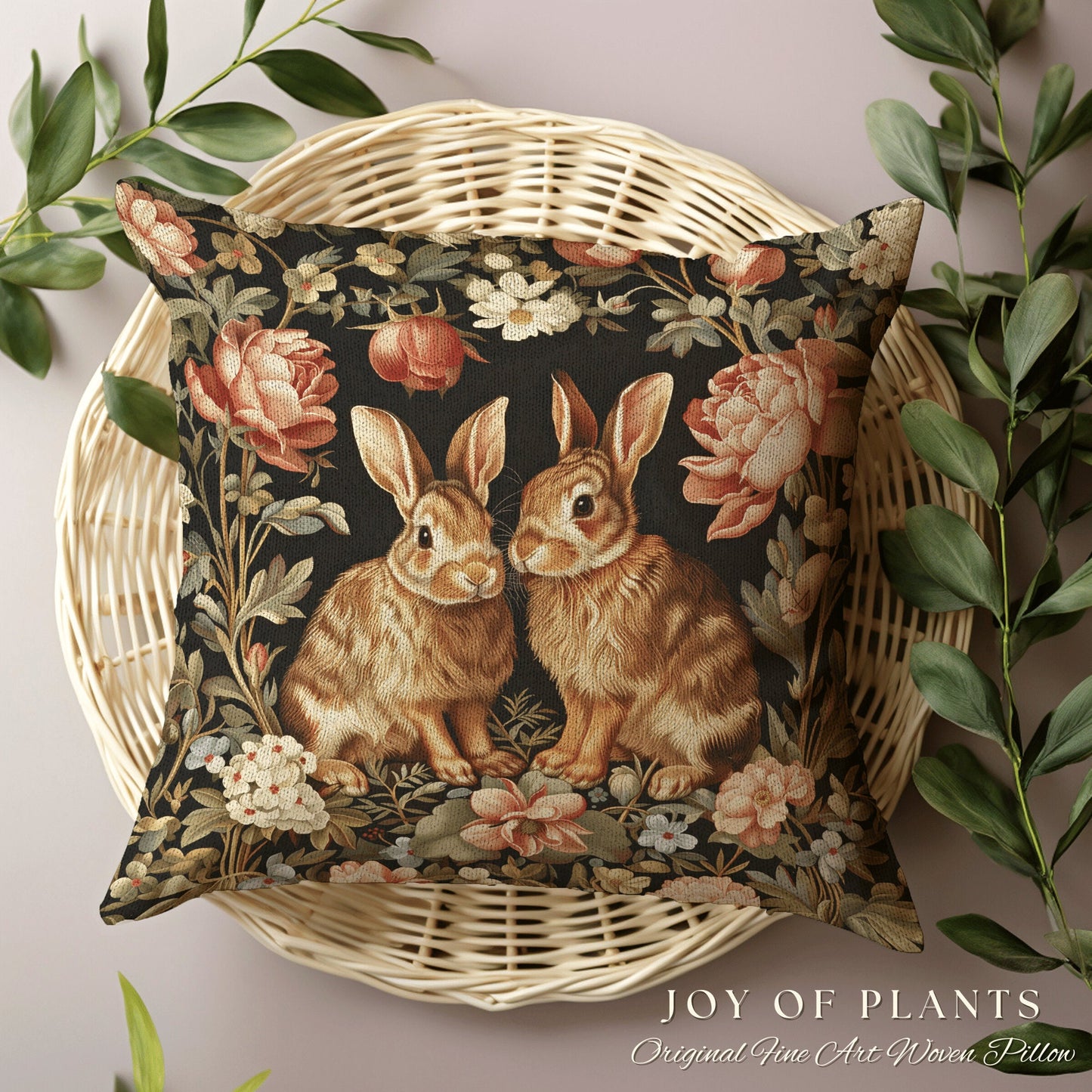 Victorian Floral Throw Pillow | Fairy Core Accent Pillow Cottagecore Aesthetic Rabbit Room Decor Bunny Cushion Forestcore Light Academia