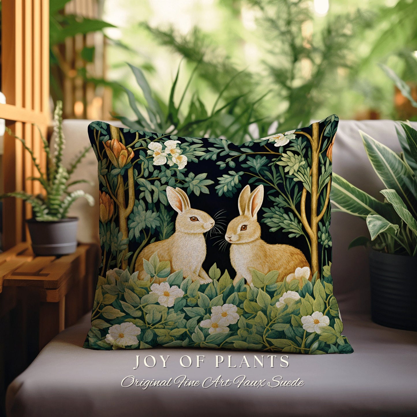 Mystic Aesthetic Rabbit Pillow | Fairy Core Woven Accent Pillow Dark Academia Room Decor Bunny Cushion Forestcore Botanical Throw Floral