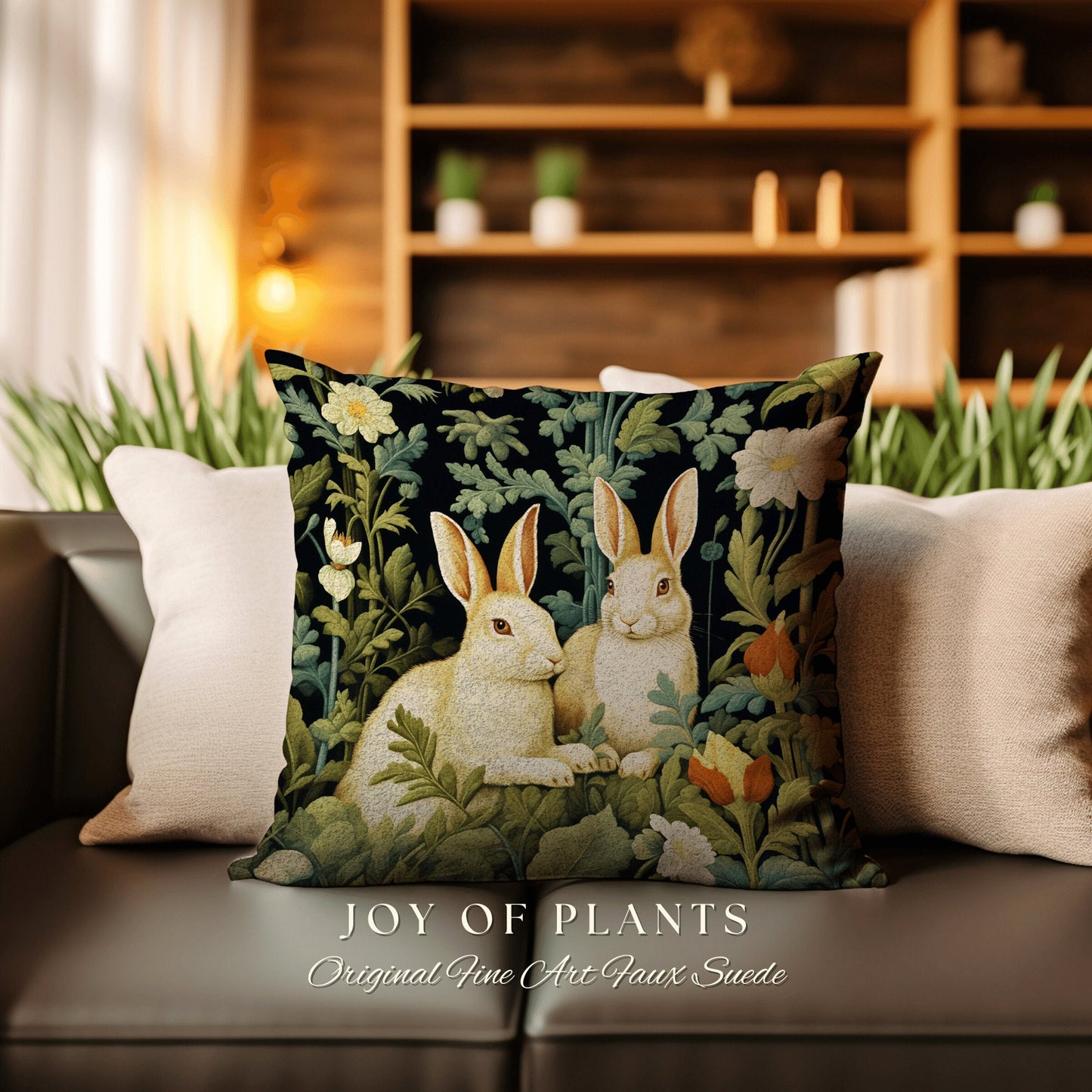 Bunny Rabbit Throw Pillow | Fairycore Woven Accent Pillow Cottagecore Room Decor Bunny Aesthetic Rabbit Cushion Forestcore Botanical Style