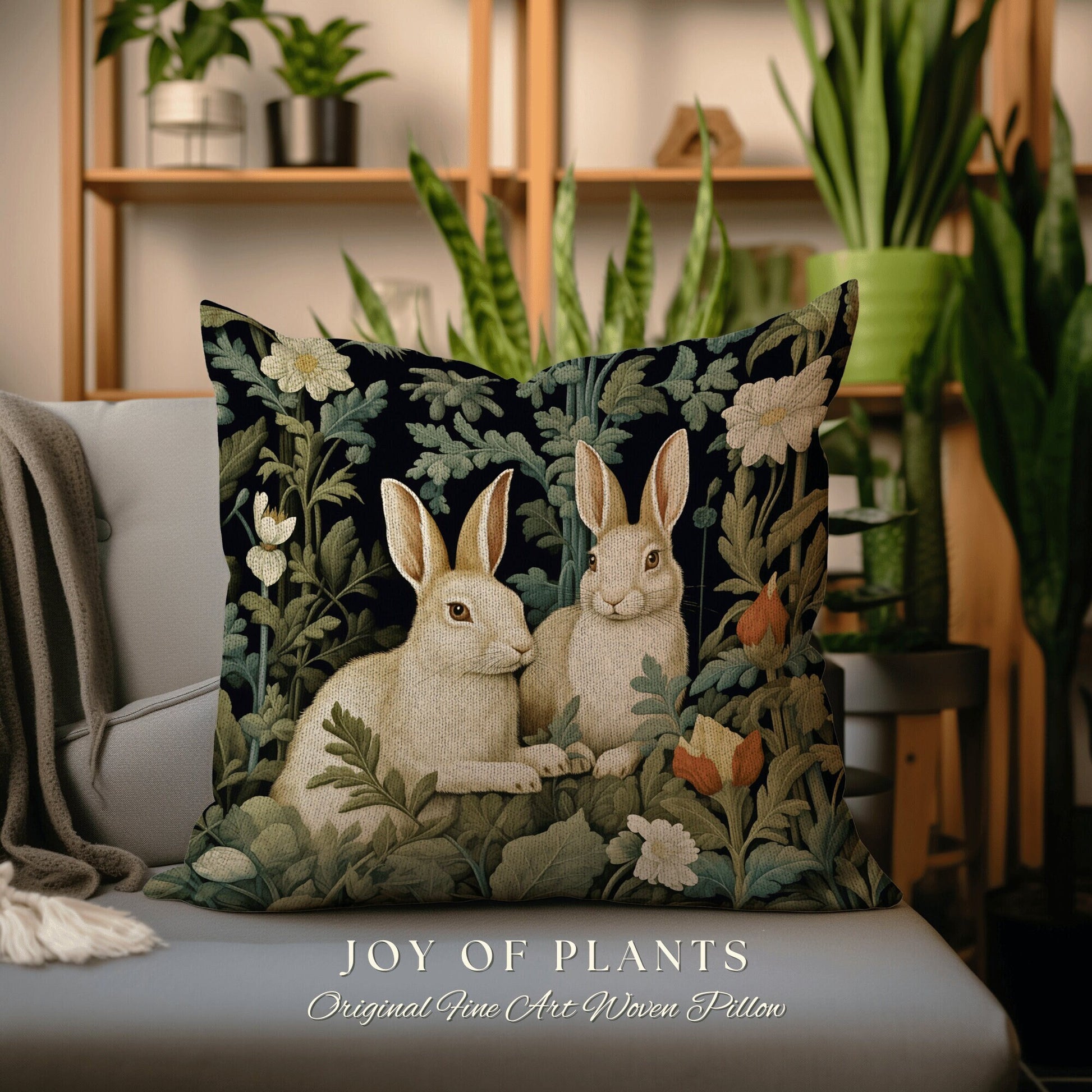 Bunny Rabbit Throw Pillow | Fairycore Woven Accent Pillow Cottagecore Room Decor Bunny Aesthetic Rabbit Cushion Forestcore Botanical Style