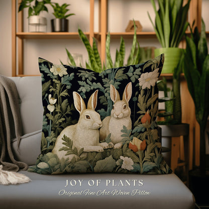 Bunny Rabbit Throw Pillow | Fairycore Woven Accent Pillow Cottagecore Room Decor Bunny Aesthetic Rabbit Cushion Forestcore Botanical Style