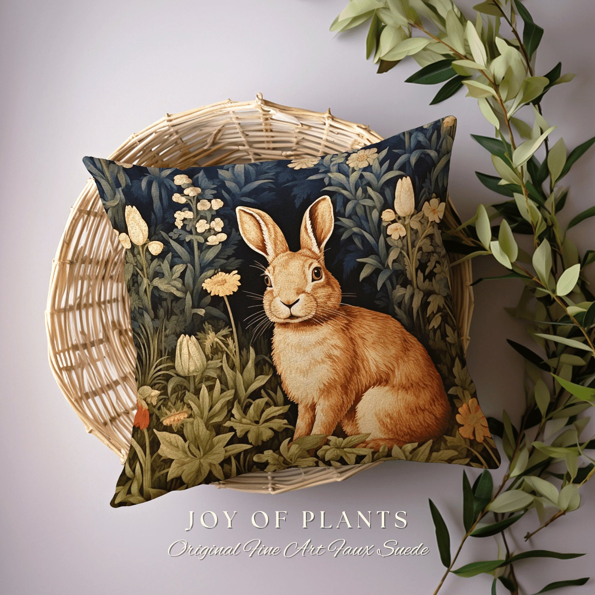 Bunny Throw Pillow Spring Decor | Fairycore Woven Accent Pillow Cottagecore Room Decor Botanical Bunny Aesthetic Rabbit Cushion Whimsical |