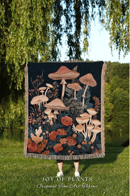 Woodland Fungi Throw Blanket | Cottagecore Tapestry for Mushroom Lover Gift Whimsical Room Decor Reading Aesthetic Cozy Cottagecore Gift |