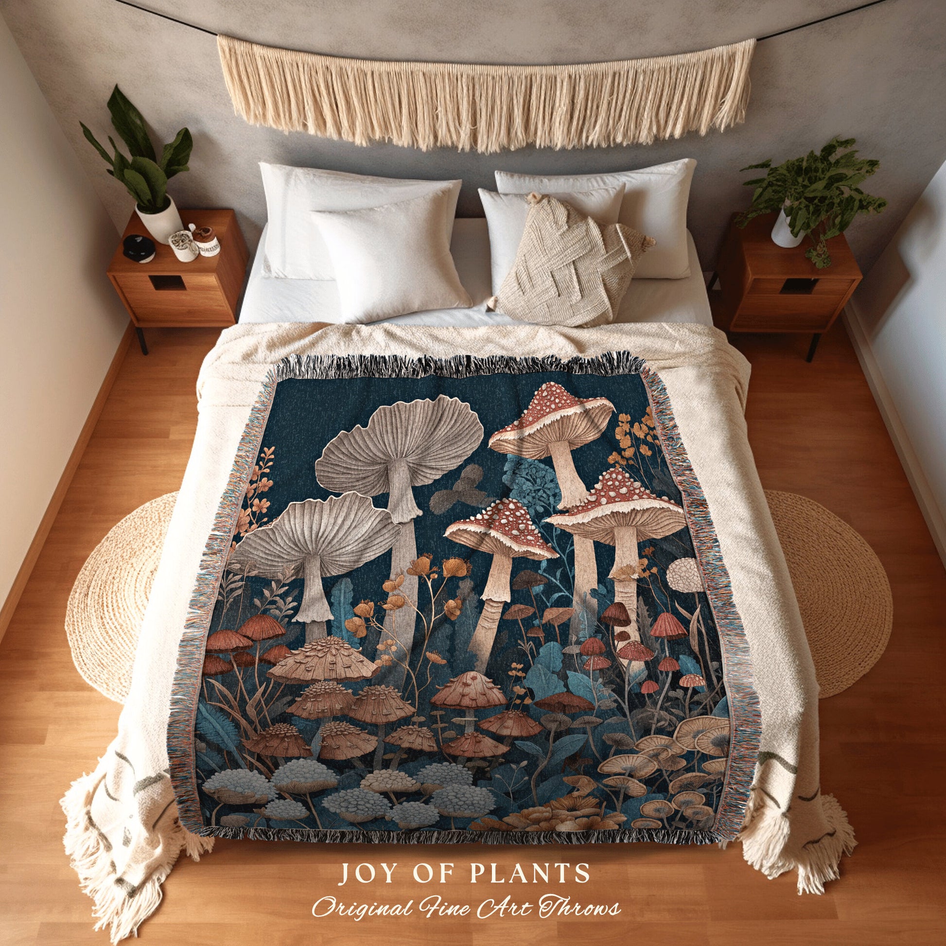 Magical Mushroom Tapestry Woven | Cottagecore Throw for Mushroom Lover Gift Whimsical Room Decor Reading Nook Aesthetic Boho Blanket |