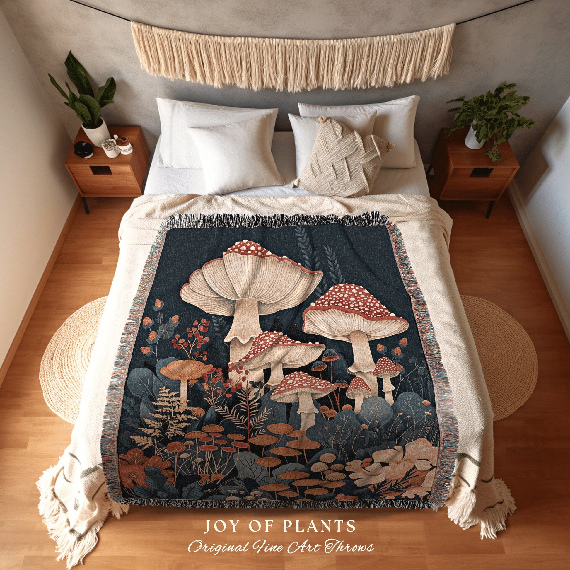 Maximalist Mushroom Blanket Woven | Eclectic Throw for Mushroom Lover Gift Whimsical Room Decor Reading Nook Aesthetic Toadstool Tapestry |