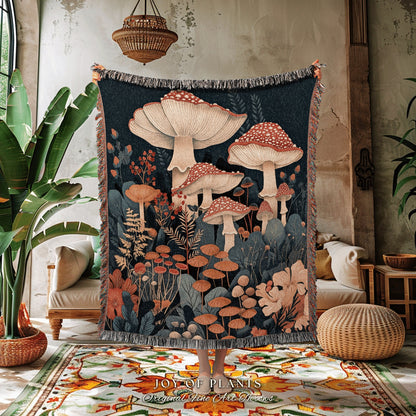 Maximalist Mushroom Blanket Woven | Eclectic Throw for Mushroom Lover Gift Whimsical Room Decor Reading Nook Aesthetic Toadstool Tapestry |