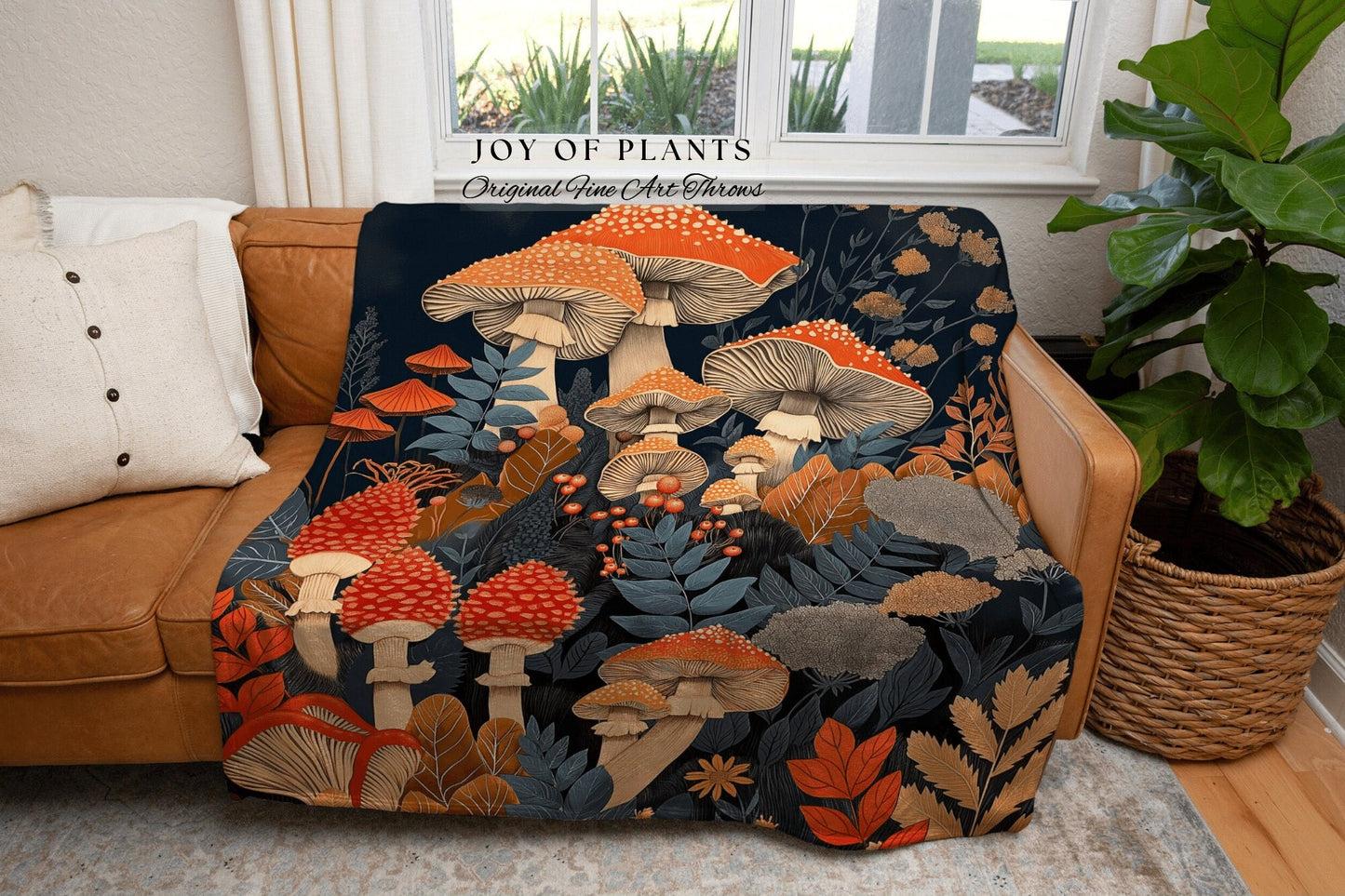 Fungi Blanket Woven Decor | Eclectic Throw for Mushroom Lover Gift Whimsical Room Decor Reading Nook Aesthetic Toadstool