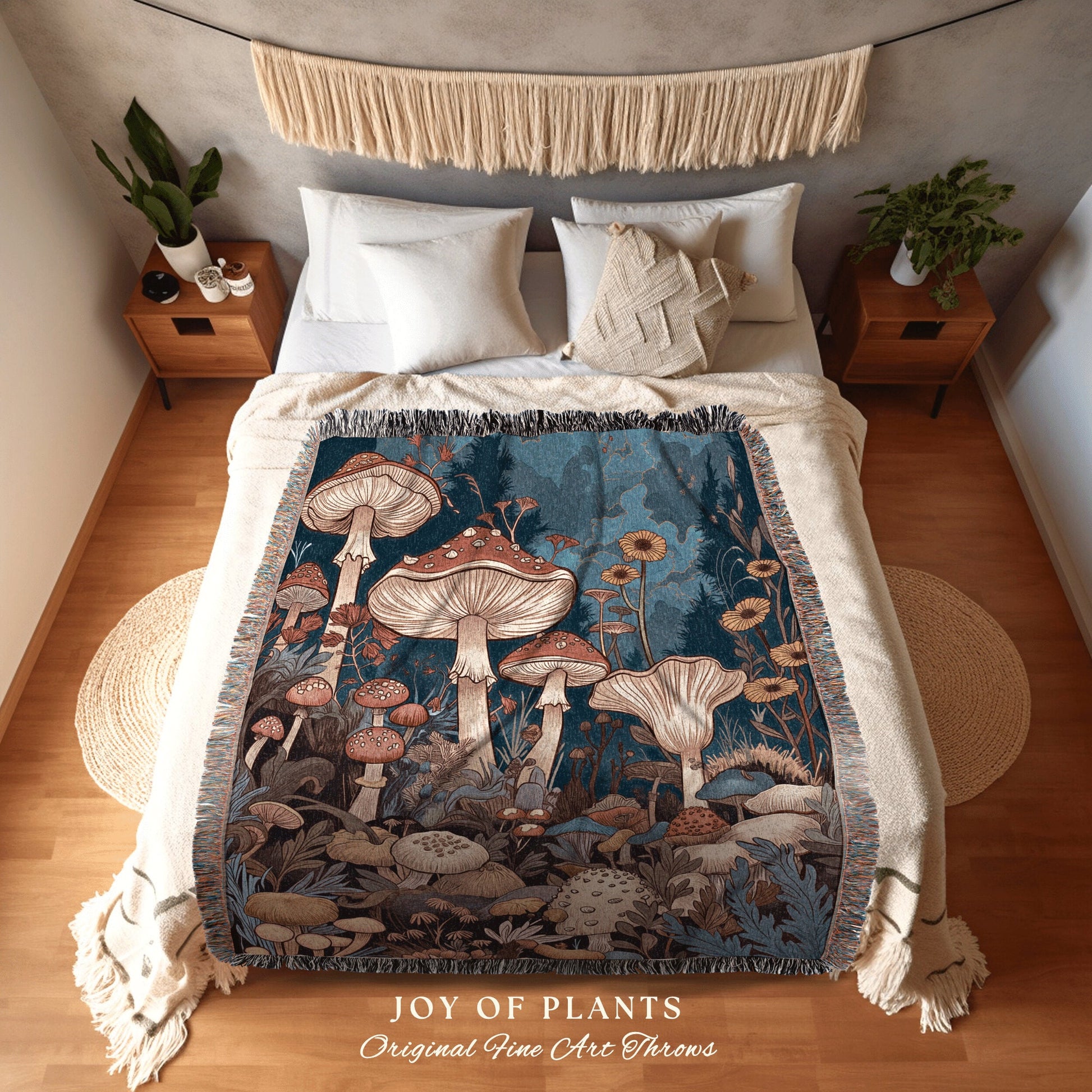 Retro Mushroom Tapestry Woven | Eclectic Throw for Mushroom Lover Gift Whimsical Room Design Reading Nook Aesthetic Toadstool Blanket |