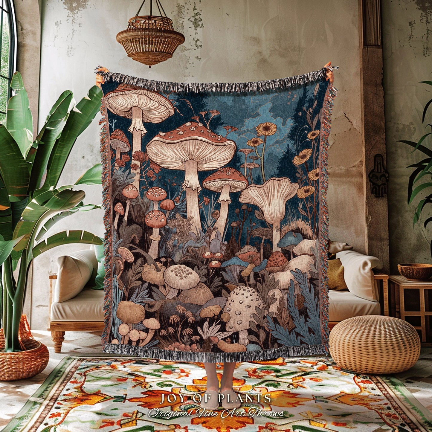 Retro Mushroom Tapestry Woven | Eclectic Throw for Mushroom Lover Gift Whimsical Room Design Reading Nook Aesthetic Toadstool Blanket |