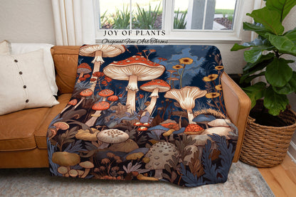 Retro Mushroom Tapestry Woven | Eclectic Throw for Mushroom Lover Gift Whimsical Room Design Reading Nook Aesthetic Toadstool Blanket |