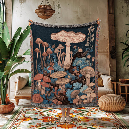 Mystic Forest Woven Fringe Blanket | Cottagecore Throw for Mushroom Lover Whimsical Room Decor Reading Nook Aesthetic Toadstool Tapestry |