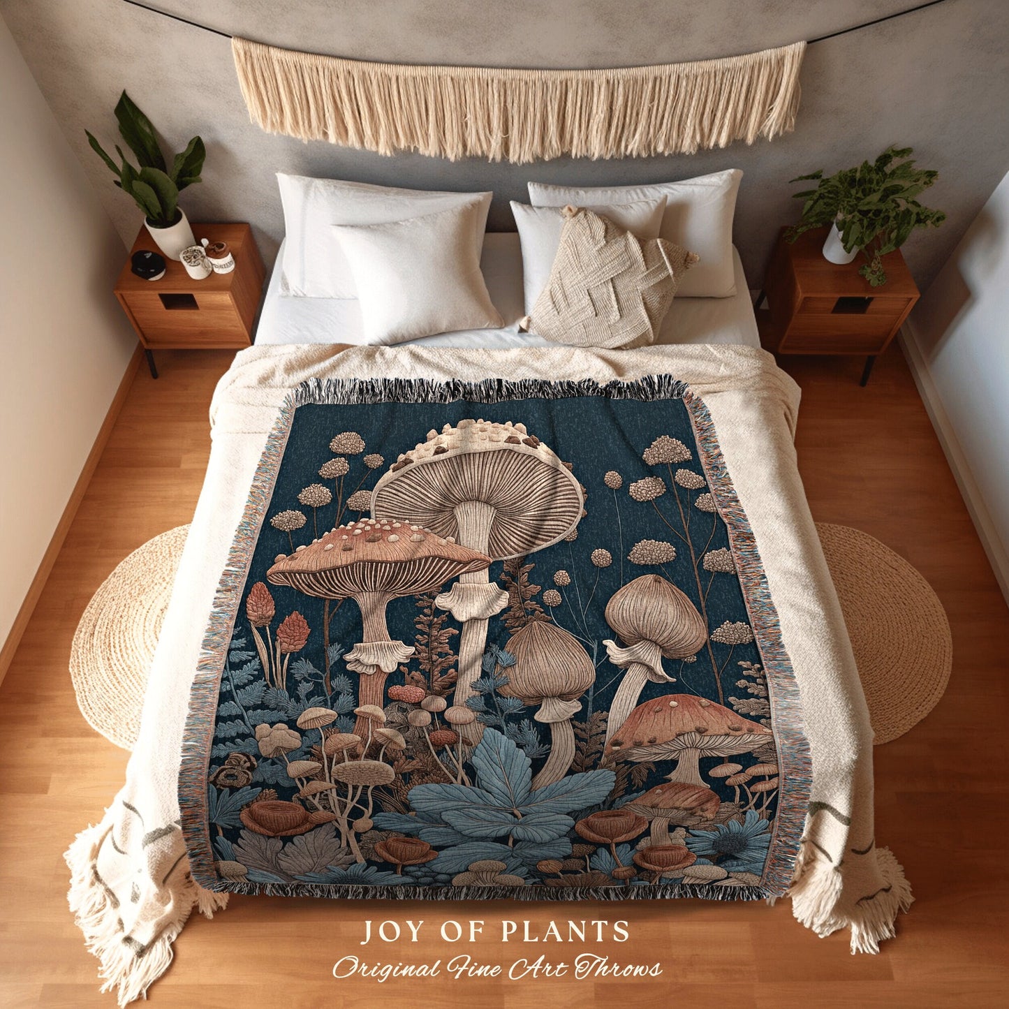 Fairycore Mushroom Woven Blanket | Cottagecore Throw for Mushroom Lover Whimsical Room Decor Reading Nook Aesthetic Toadstool Tapestry |