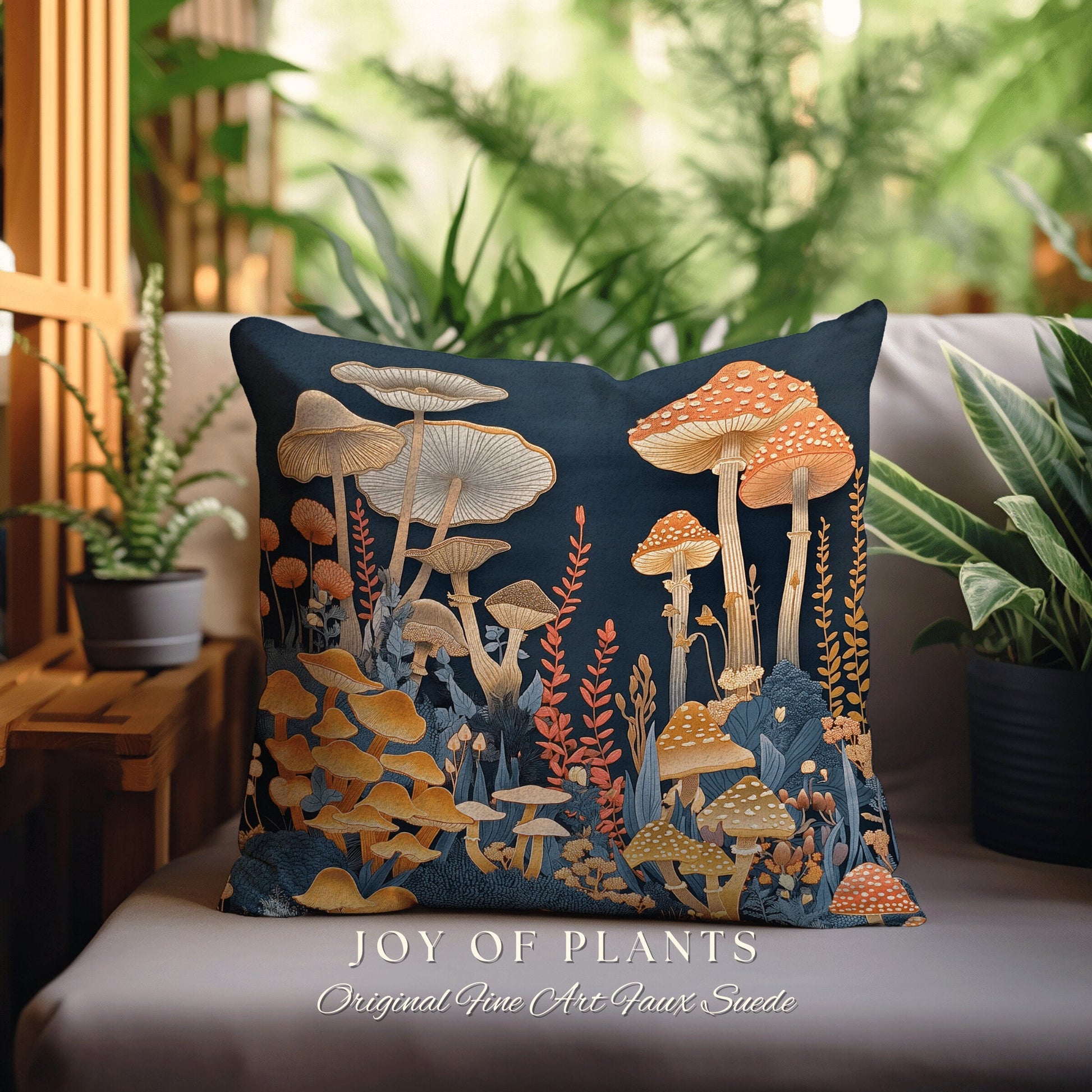 Mushroom Throw Pillow Faux Embroidery | Room Decor Eclectic Gift for Reading Nook Fairy Core Toadstool Cushion Woven Cottagecore Mycology |