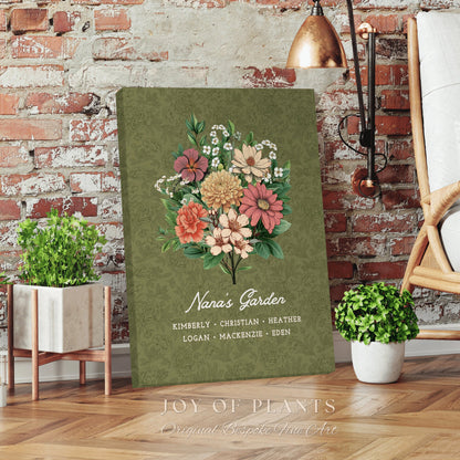 Custom Birth Month Flower Bouquet Print | Personalized Birthflower Month Art for Mom Garden Wall Art Meaningful Gift from Grandchildren |