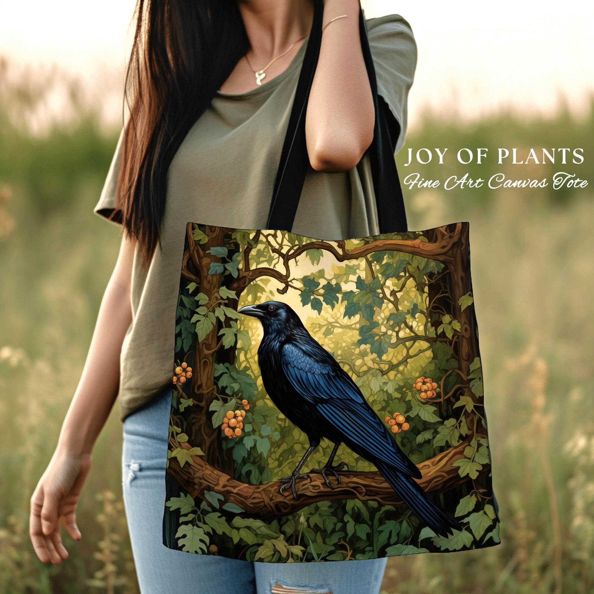 Raven Tote Bag Botanical Style | Boho Cottagecore Accessory William Morris Inspired Everyday Casual Handbag Fairycore Aesthetic Gift |