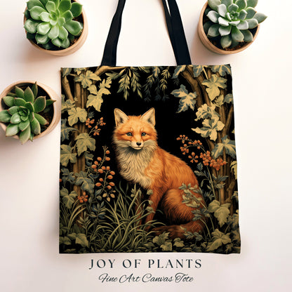 Rustic Fox Tote Bag Botanical | Boho Cottagecore Accessory William Morris Inspired Handbag Fox Satchel Fairycore Fairy Aesthetic Art |