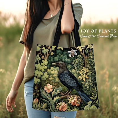 Tote Bag Crow Forestcore Aesthetic | Boho Cottagecore Accessory William Morris Inspired Handbag Satchel Fairycore Gift for Bestfriend |