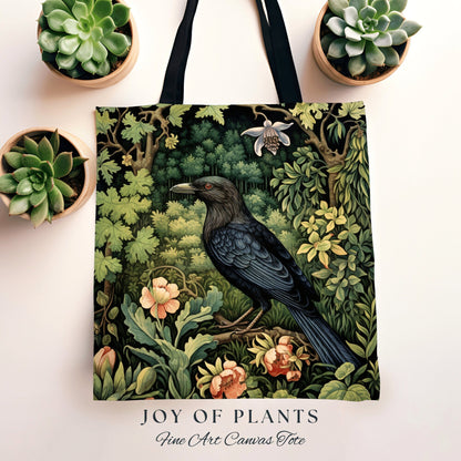 Tote Bag Crow Forestcore Aesthetic | Boho Cottagecore Accessory William Morris Inspired Handbag Satchel Fairycore Gift for Bestfriend |