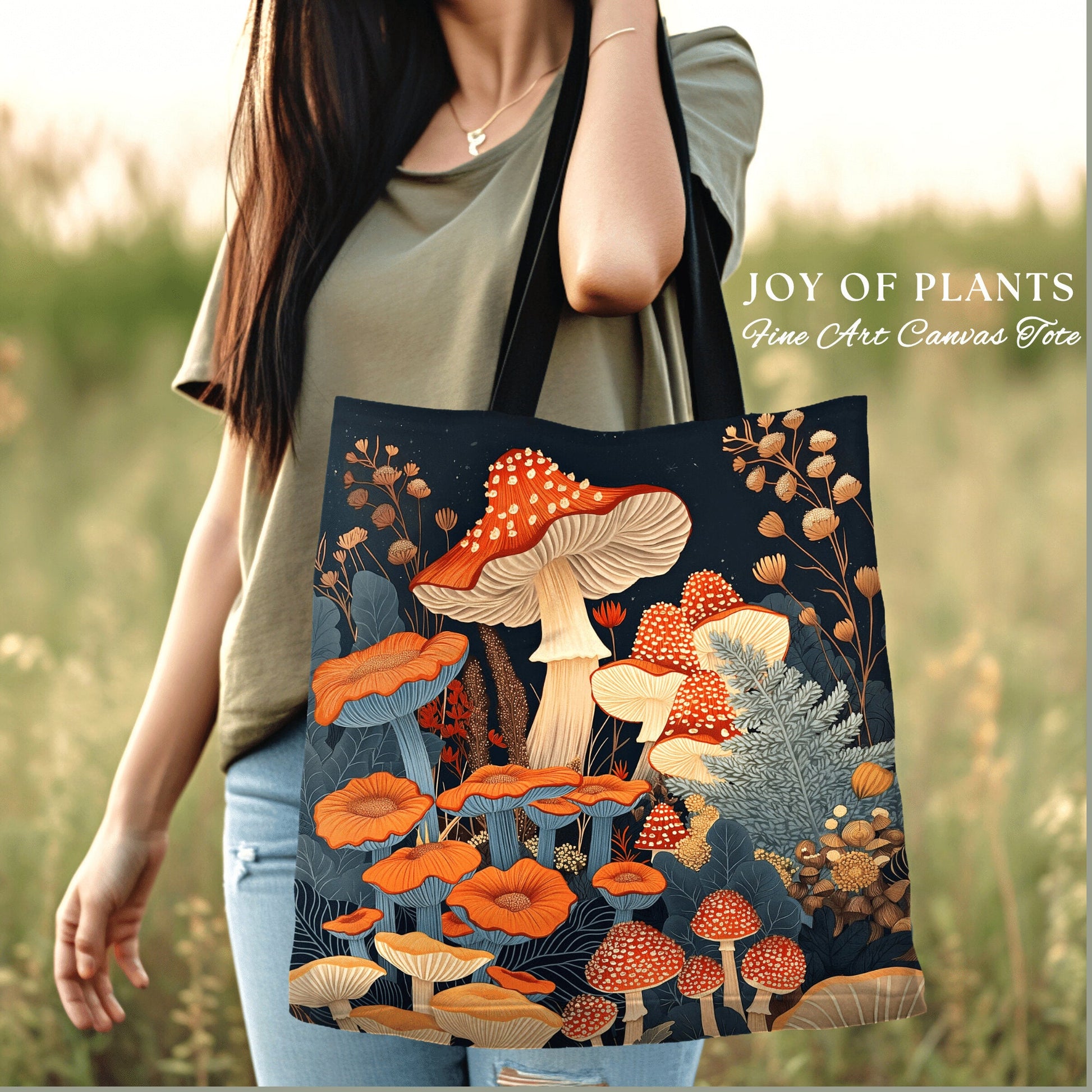 Mushroom Tote Bag Whimsical | Eclectic Gift for Reader Fairycore Toadstool Bag Woven Cottagecore Satchel Mycology Gift for Mushroom Lover |