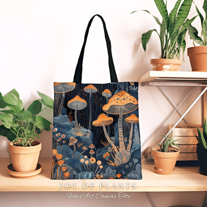 Moody Botanical Casual Tote Bag | Ethereal Gift for Mushroom Lover Fairy Mystical Bag Woven Cottagecore Satchel Mycology Gift for Forager