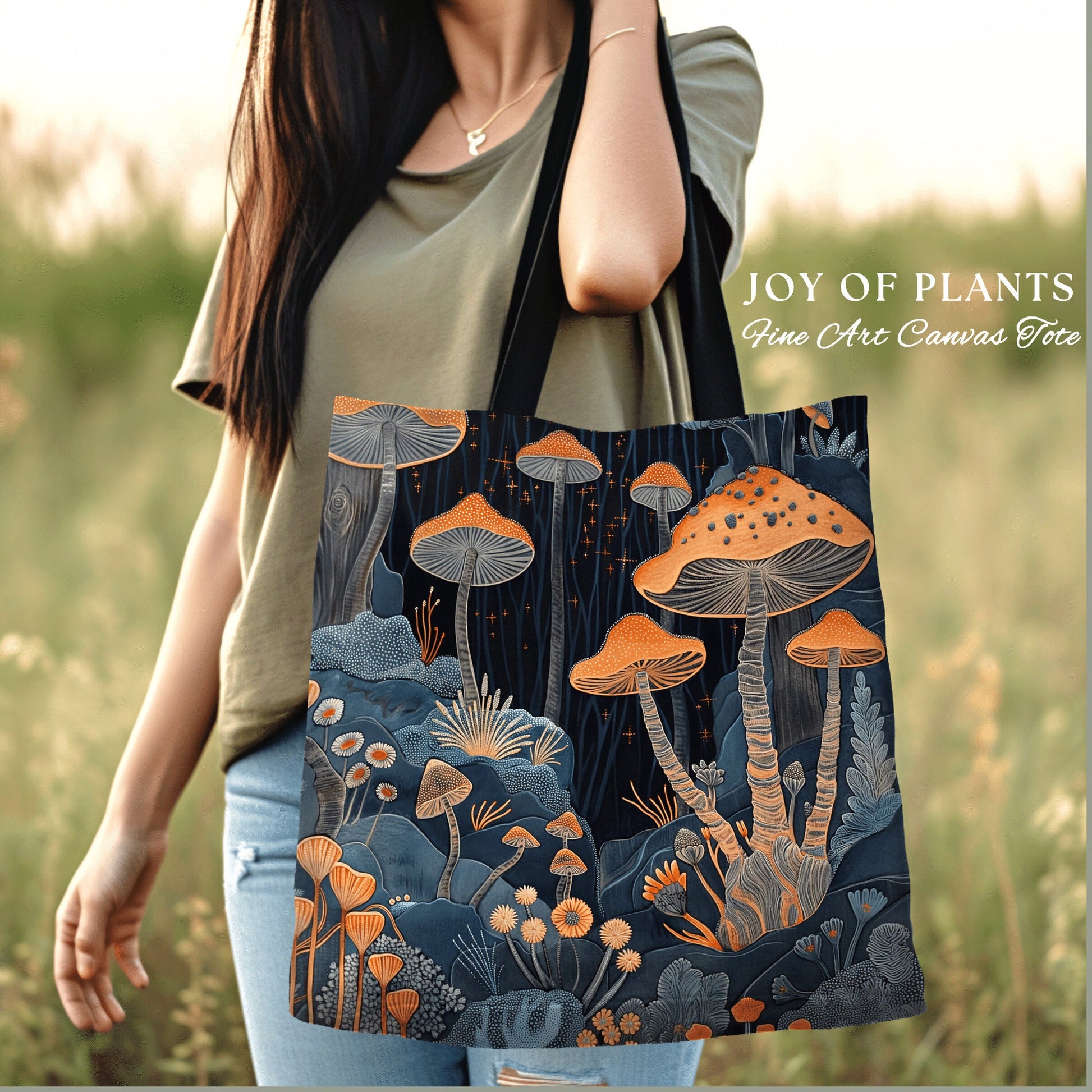 Moody Botanical Casual Tote Bag | Ethereal Gift for Mushroom Lover Fairy Mystical Bag Woven Cottagecore Satchel Mycology Gift for Forager