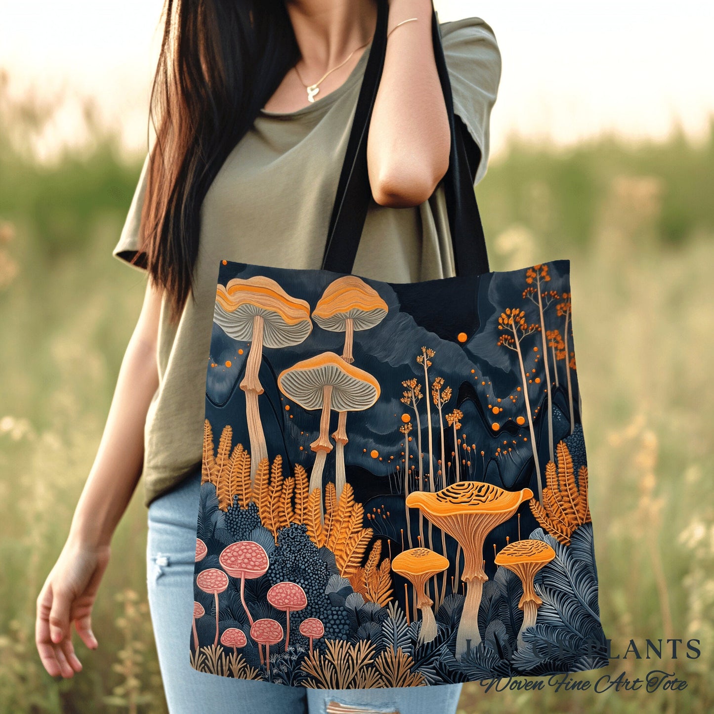 Dark Woodland Mushroom Tote | Fairycore Gift for Forager Fairy Core Toadstool Bag Woven Cottagecore Satchel Mycology Gift for Mushroom Lover