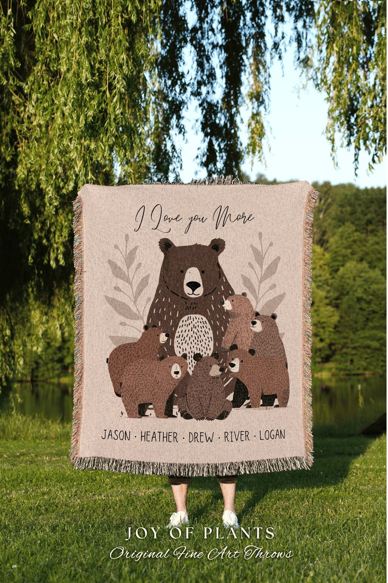 Personalized Mama Bear Blanket | Custom Family Gift for Mom with Grandchildren Names Sentimental Parent Tapestry Woven Throw Boho