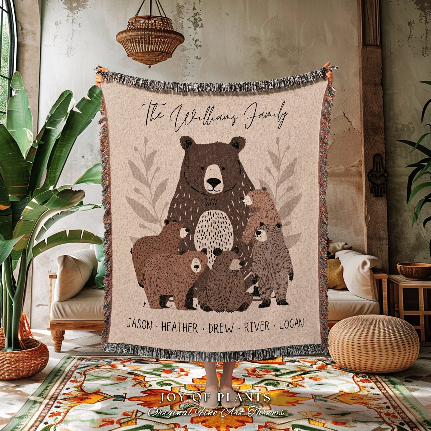 Cozy Bear Family Custom Blanket | Personalized Gift for Mom with Grandchildren Names Sentimental Parent Tapestry Woven Throw Boho Decor