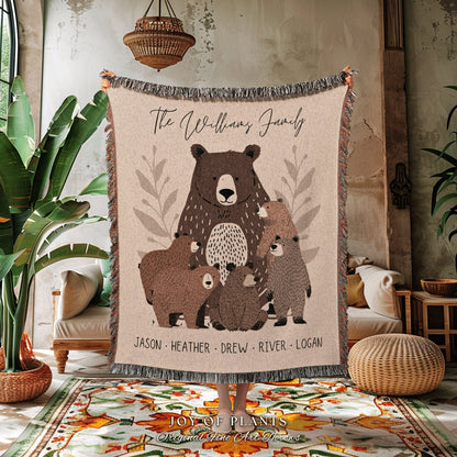 Cozy Bear Family Custom Blanket | Personalized Gift for Mom with Grandchildren Names Sentimental Parent Tapestry Woven Throw Boho Decor