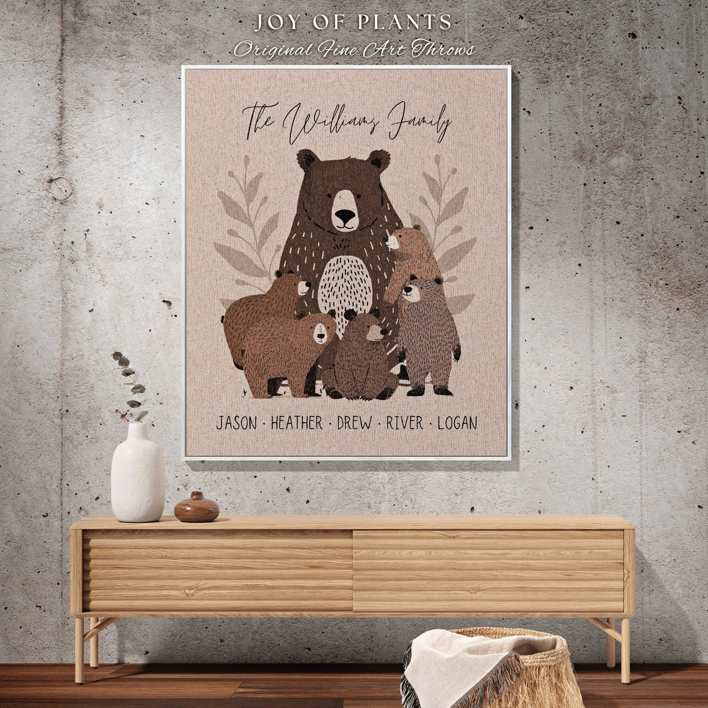 Cozy Bear Family Custom Blanket | Personalized Gift for Mom with Grandchildren Names Sentimental Parent Tapestry Woven Throw Boho Decor