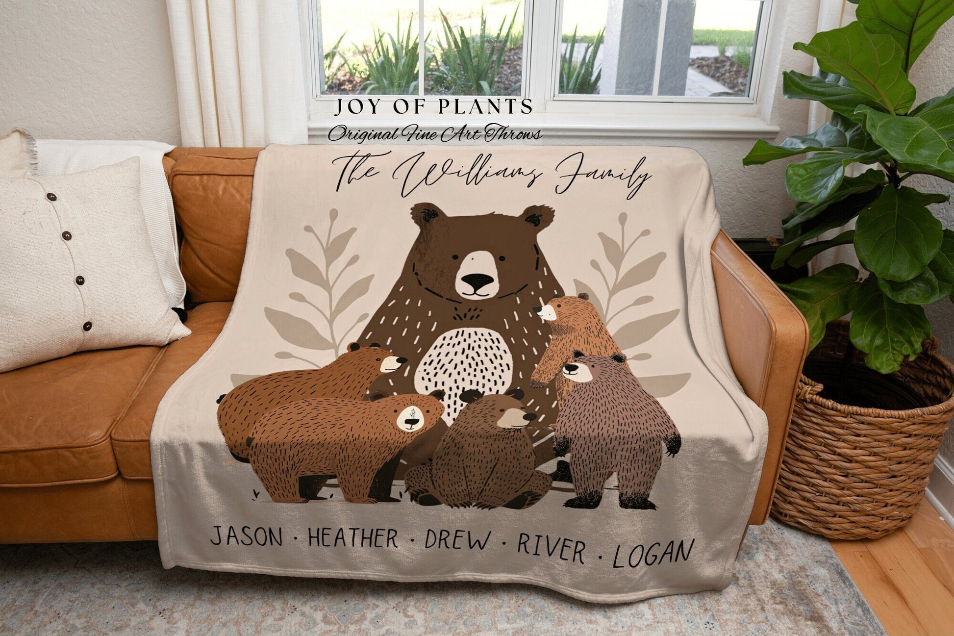 Cozy Bear Family Custom Blanket | Personalized Gift for Mom with Grandchildren Names Sentimental Parent Tapestry Woven Throw Boho Decor