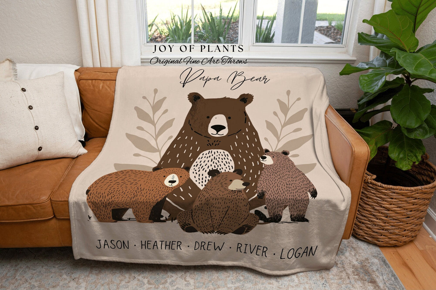 Family Bears Custom Throw Blanket | Personalized Gift for Mom with Grandchildren Names Meaningful Parent Tapestry Mama Bear and Cubs