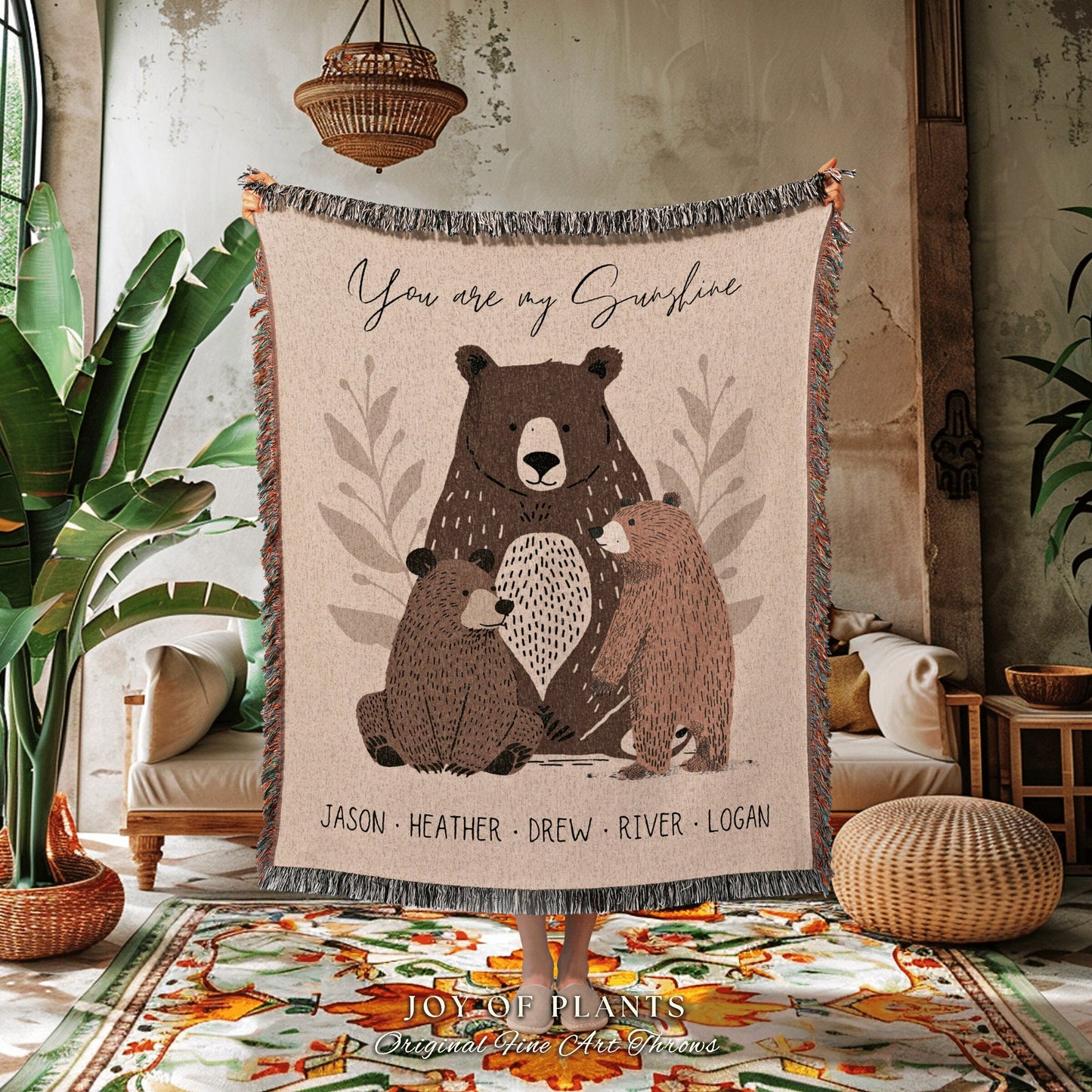 Mama Bear and Cubs Cozy Throw | Personalized Gift for Mom Blanket with Grandchildren Names Meaningful Parent Tapestry Boho Custom Decor