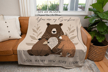 Mama Bear and Cubs Cozy Throw | Personalized Gift for Mom Blanket with Grandchildren Names Meaningful Parent Tapestry Boho Custom Decor